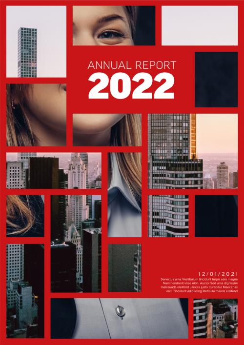 Red Annual Report Front Cover Page Template with Two Photo Mosaic Placeholder