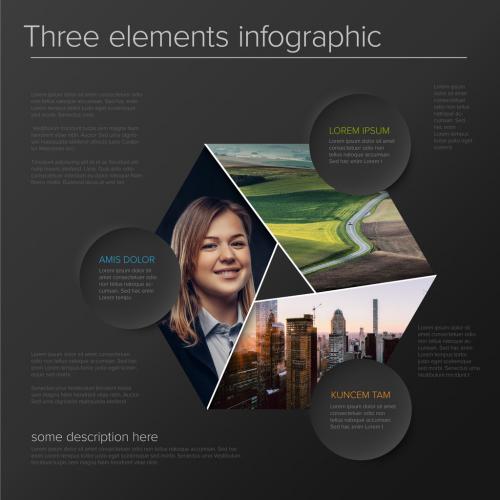 Abstract Dark Infographic Layout with Photo Placeholders and Circle Content Buttons