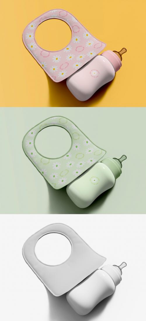 Top View Baby Bib with Feeding Bottle Mockup