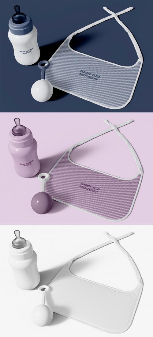 Feeding Bottle Rattle and Bib Baby Accessories Mockup