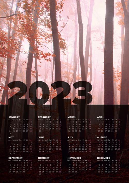 Dark Full Year Vertical Calendar Layout for the Year 2023 (Monday First Day)