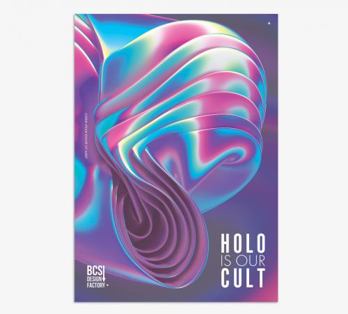 Creative Poster Layout with 3D Geometric Iridescent Holographic Shape