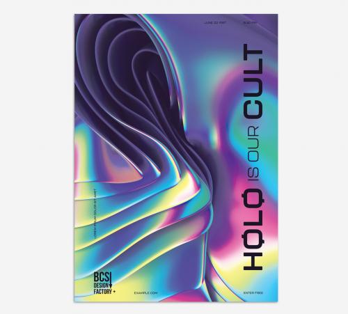 Trendy Poster with 3D Abstract Iridescent Holographic Forms