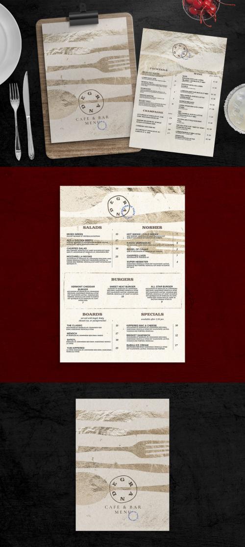 Rustic Cafe Bar Restaurant Menu Layout with Gold Accents