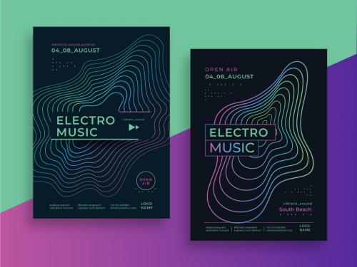 Electronic Music Posters Layout with Neon Line Wave