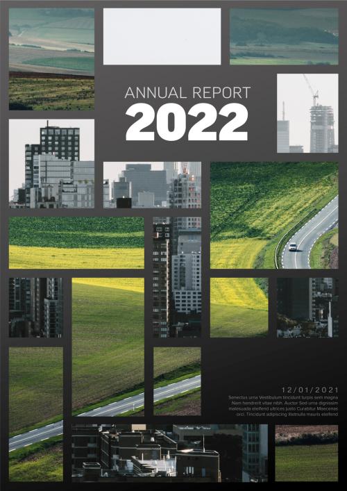 Gray Annual Report Front Cover Page Layout with Two Photo Mosaic Placeholder