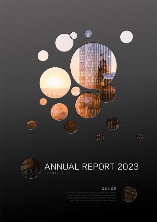 Dark Annual Report Front Cover Page Layout with Photo and Circle Masks