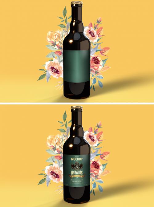 Premium Beer Bottle Mockup on a Spring Yellow Background with Flowers