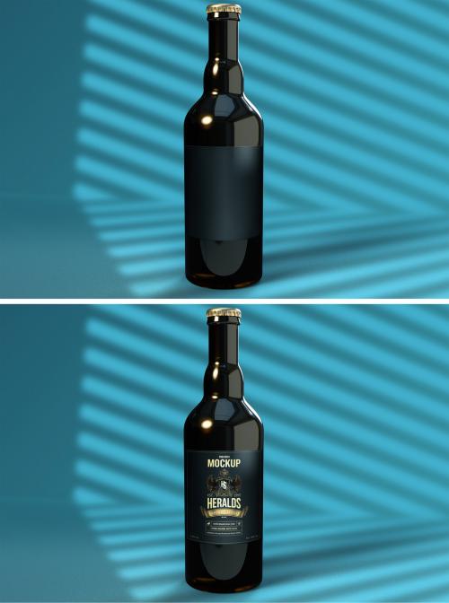 Premium Beer Bottle Mockup on a Blue Light with Window Blind Shadows on the Wall