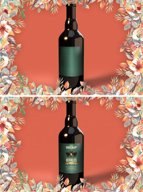 Premium Beer Bottle Mockup on a Orange Cool Background with Ornamental Floral Frame