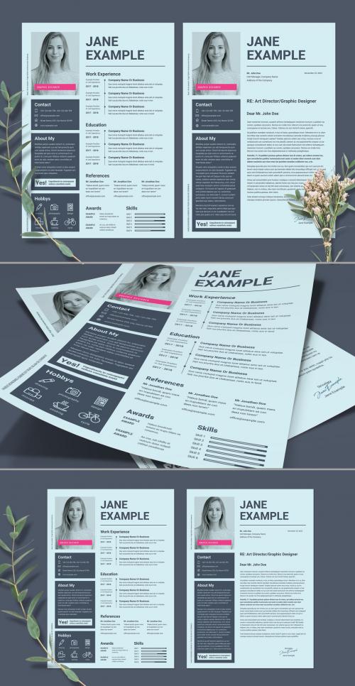 Resume and CV Layout in Pale Blue with Pink Accents