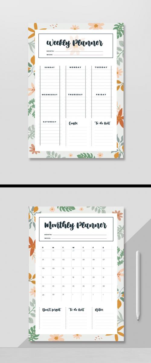 Weekly and Monthly Planner Layout with Illustrative Elements