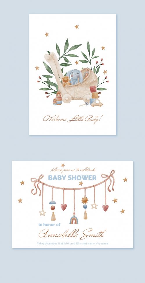 Watercolor Baby Introducing and Baby Shower Cards Set