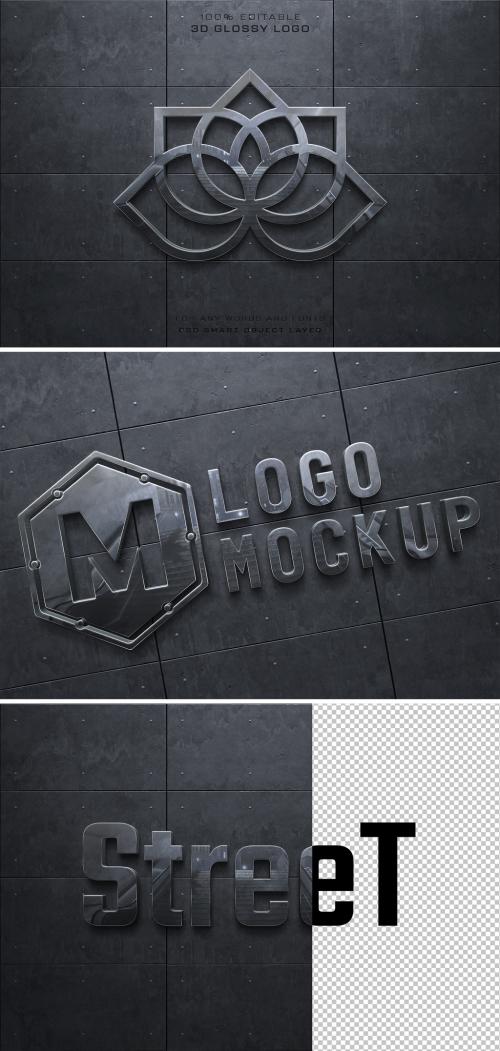 Logo Mockup on Wall with 3D Glossy Metal Effect