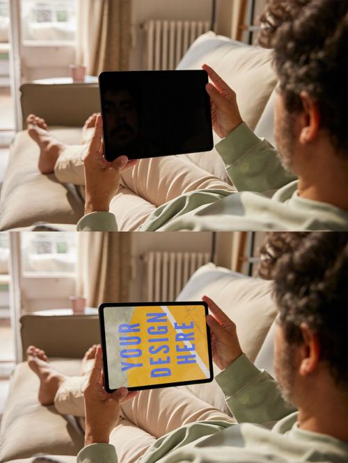 Man Using Tablet Mockup on a Sofa