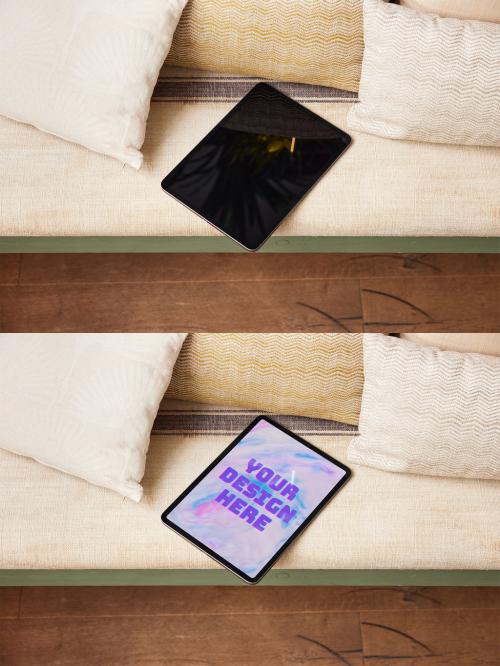 Mockup of a Tablet on a Couch at Home