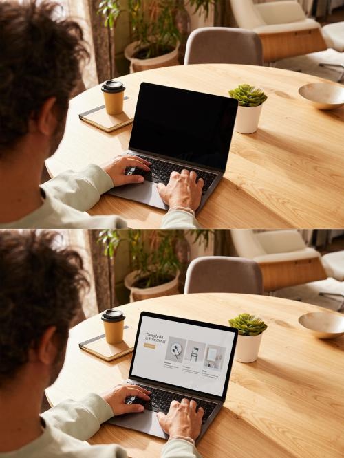 Man Using Laptop with Mockup at Home