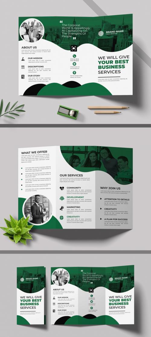 Business Trifold Brochure Layout with Green Accents