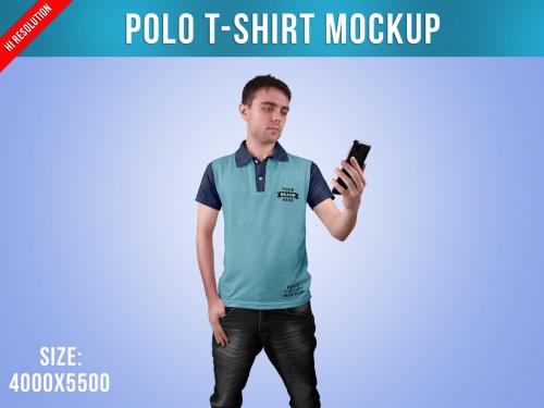 Man in Polo T-Shirt with Smartphone Mockup