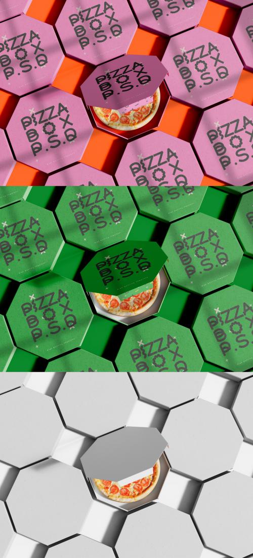 3D Array of Octogon Pizza Boxes Mockup