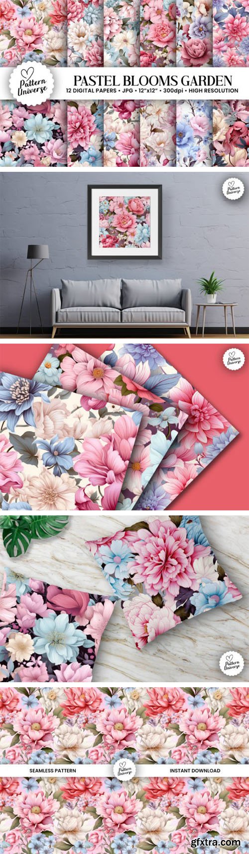 12 Seamless Pastel Blooms Garden Patterns