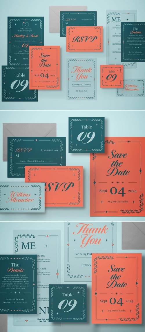 Green Modern Design Wedding Invitation Set Layout