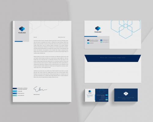 Stationery Set with Abstract Geometric Hexagon Elements in Blue Color