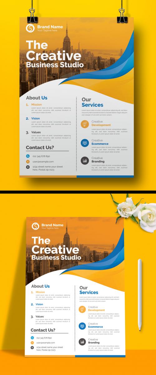 Corporate Flyer Layout with Graphic Elements and Orange Accents