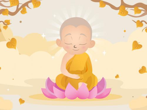 Cute Buddhist Monk in Lotus Flower Position Meditating Illustration