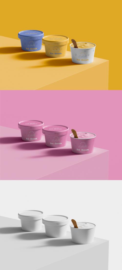 3D Three Paper Ice Cream Cup Mockup