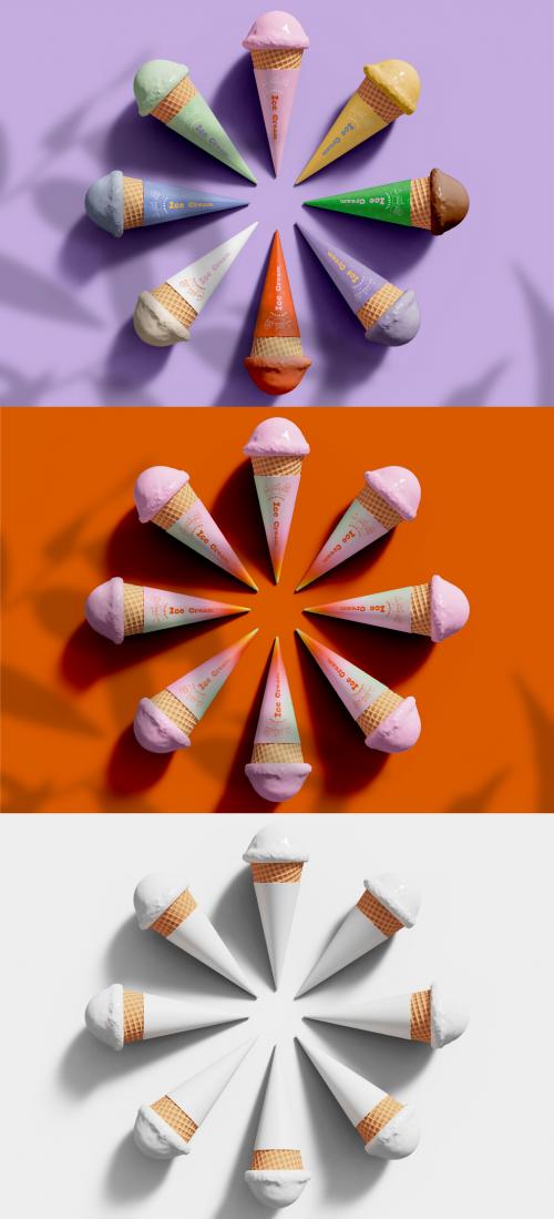 3D Top View of Eight Ice Cream Cones Mockup