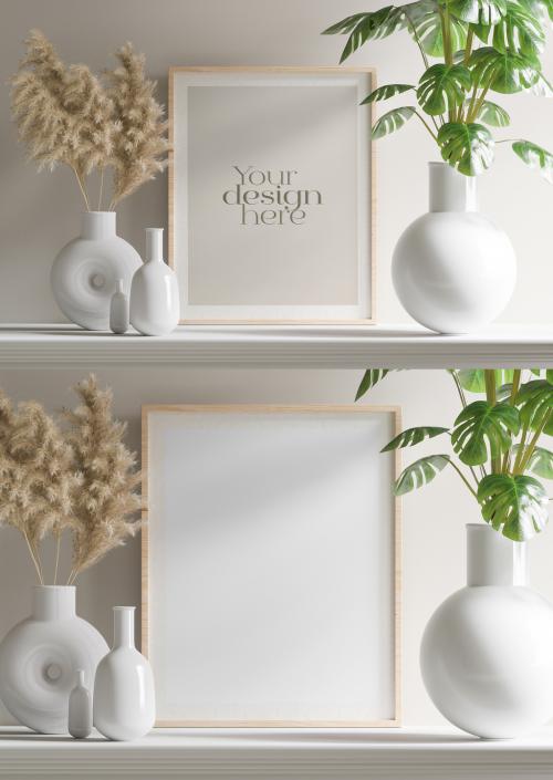 Horizontal Wooden Frame with Plants and on White Self