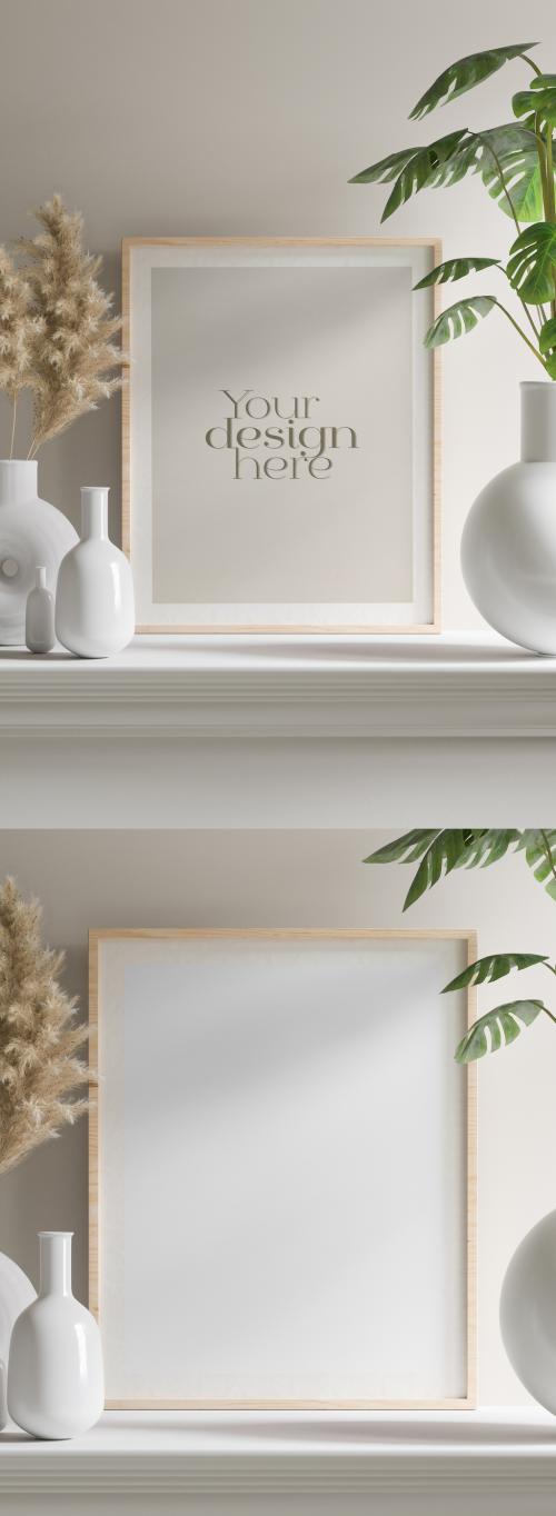 Verical Wooden Frame with Plants and on White Self