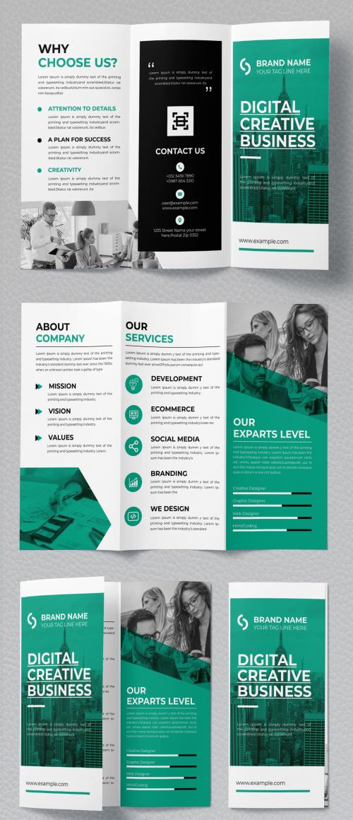 Trifold Brochure Layout with Black and Green Accents