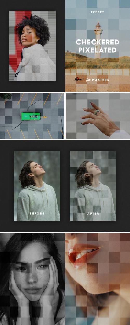 Checkered Pixelate Poster Photo Effect Mockup