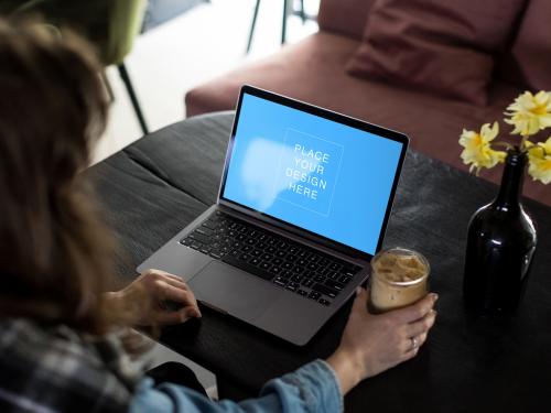 Girl Work Remotely on Computer Screen Mockup