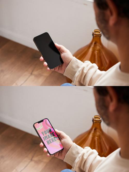 Man Using Phone Mockup at Home