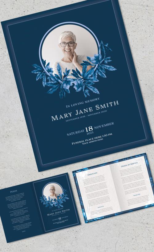 Dark Blue Watercolor Flowers Funeral Print Set