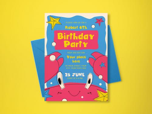 Blue Mid Century Kids Birthday Invitation Layout