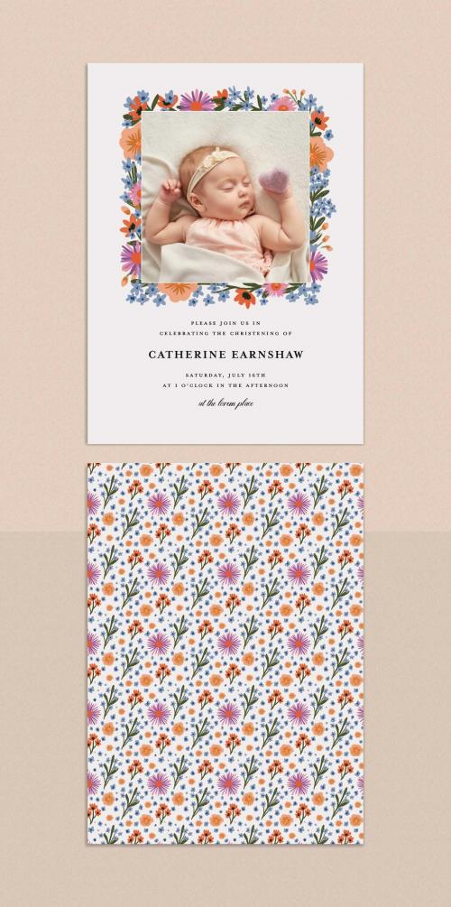 Floral Christening Invitation Card with Photo