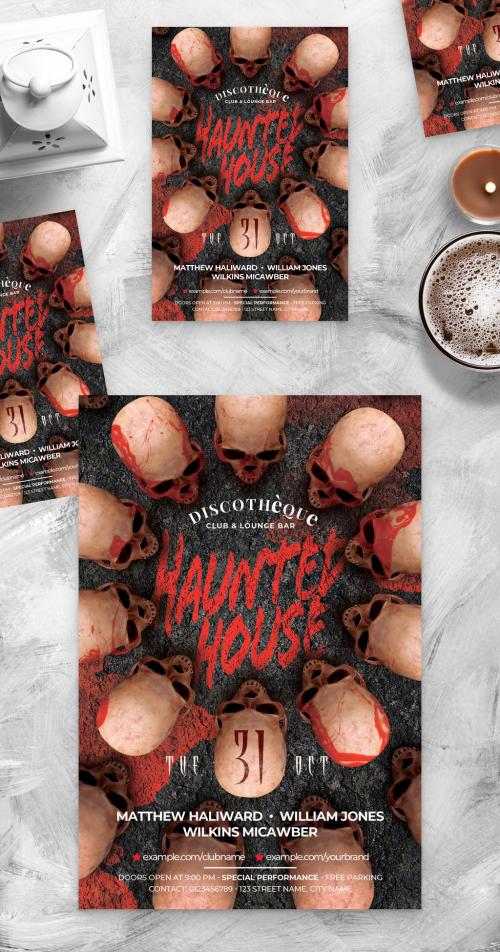 Haunted House Halloween Flyer Poster with Skulls