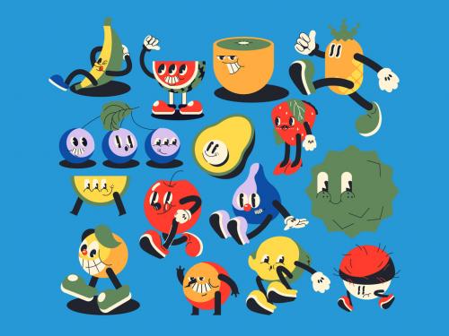 Blue Retro Cartoon Fruit Illustration Asset