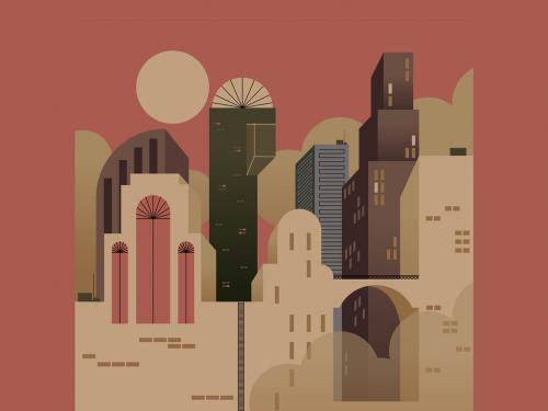 Orange Art Deco City Scape Illustration