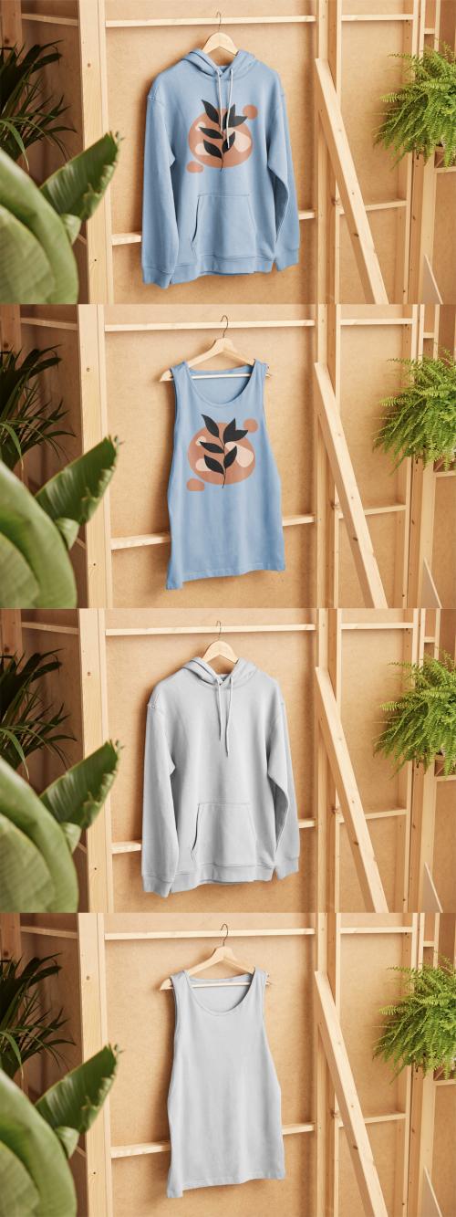 Hoodie and Tank Top Mockups on Wooden Background with Plants