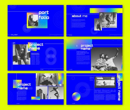 Blue Portfolio Layout with Colorful Gradient Elements