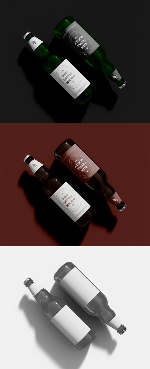 Top View of Two Beer Bottles Mockup