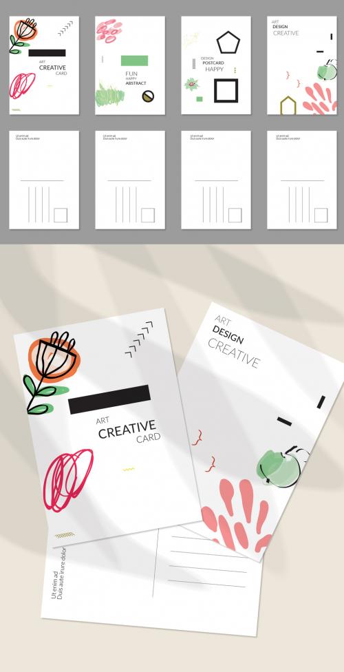 Postcard Layout with Hand Drawn Abstract Floral Doodles and Geometric Shapes