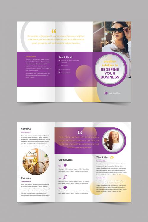 Trifold Brochure with Circle Shapes and in Yellow and Purple Accents