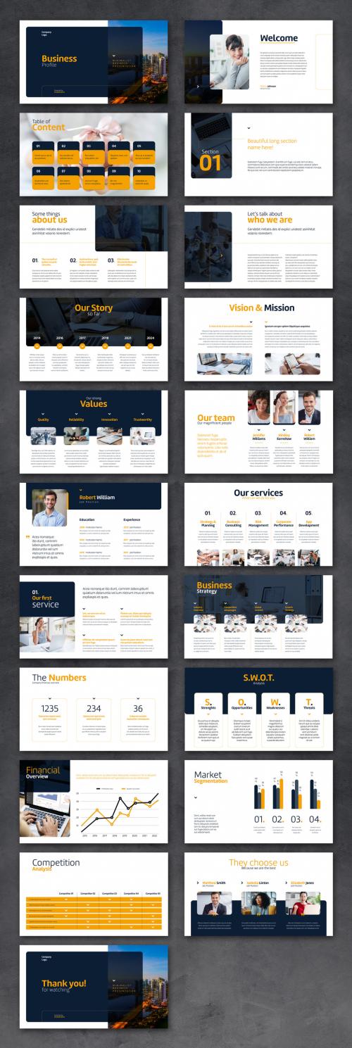 Business Presentation Layout with Yellow and Blue Accents