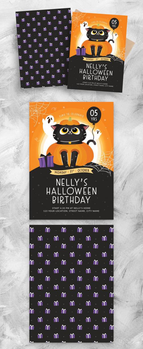 Halloween Birthday Flyer with Cat in Pumpkin Illustration